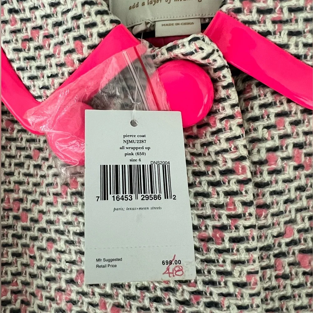 KATE SPADE Carrie’s Pink Tweed Coat With Hot Pink Buttons Size 4